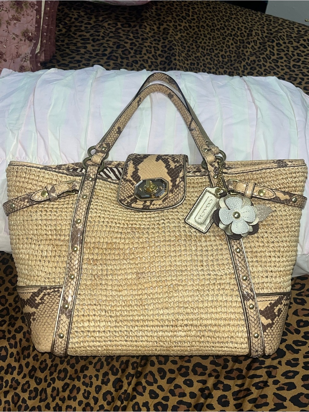 Coach Natural Straw Tote with Snakeskin-Trim and Floral Charm